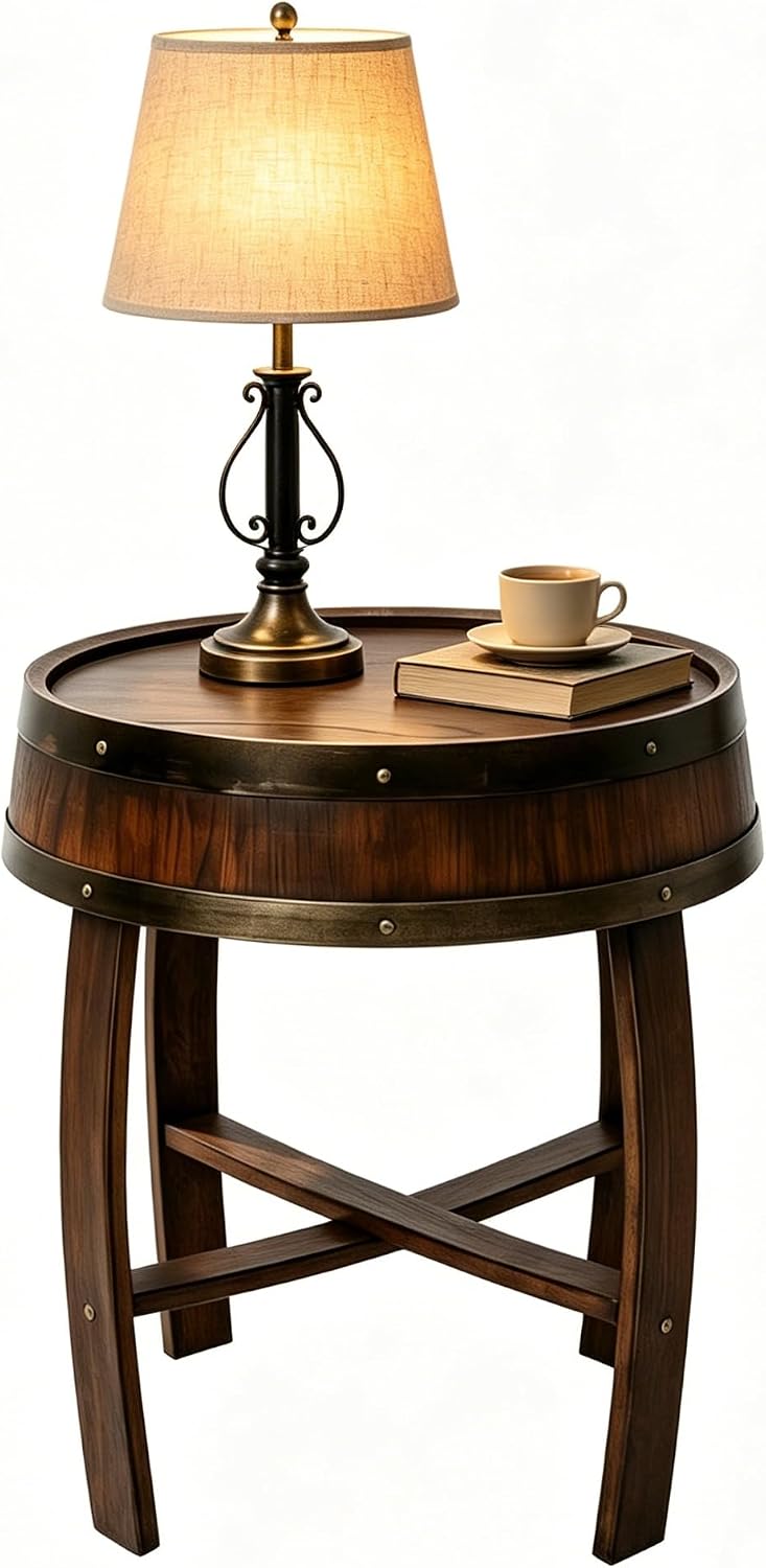 Rustic Round End Table, Whiskey Barrel End Table, Handcrafted Solid Farmhouse...