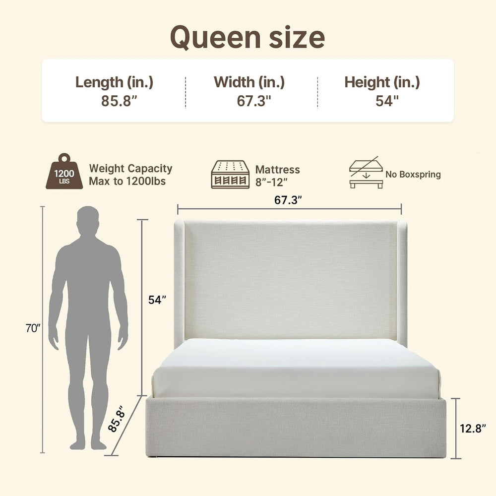 Queen Platform Bed, Tall Wingback Chenille Headboard, Sturdy Wood Slats Silen...