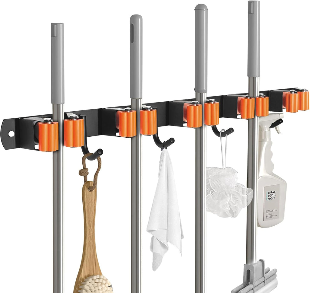 Gorlary Mop and Broom Holder Wall Mount, Broom Hanger Organizer Storage Racks, 17" SUS304 Stainless Steel Heavy Duty Utility Hooks, Black (5 Racks and 4 Hooks)