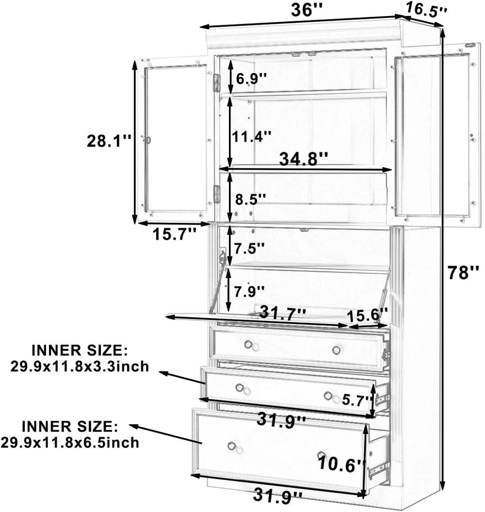 78” Kitchen Cabinet Pantry with 3 Drawers, Food Storage Cabinet with Power Ou...