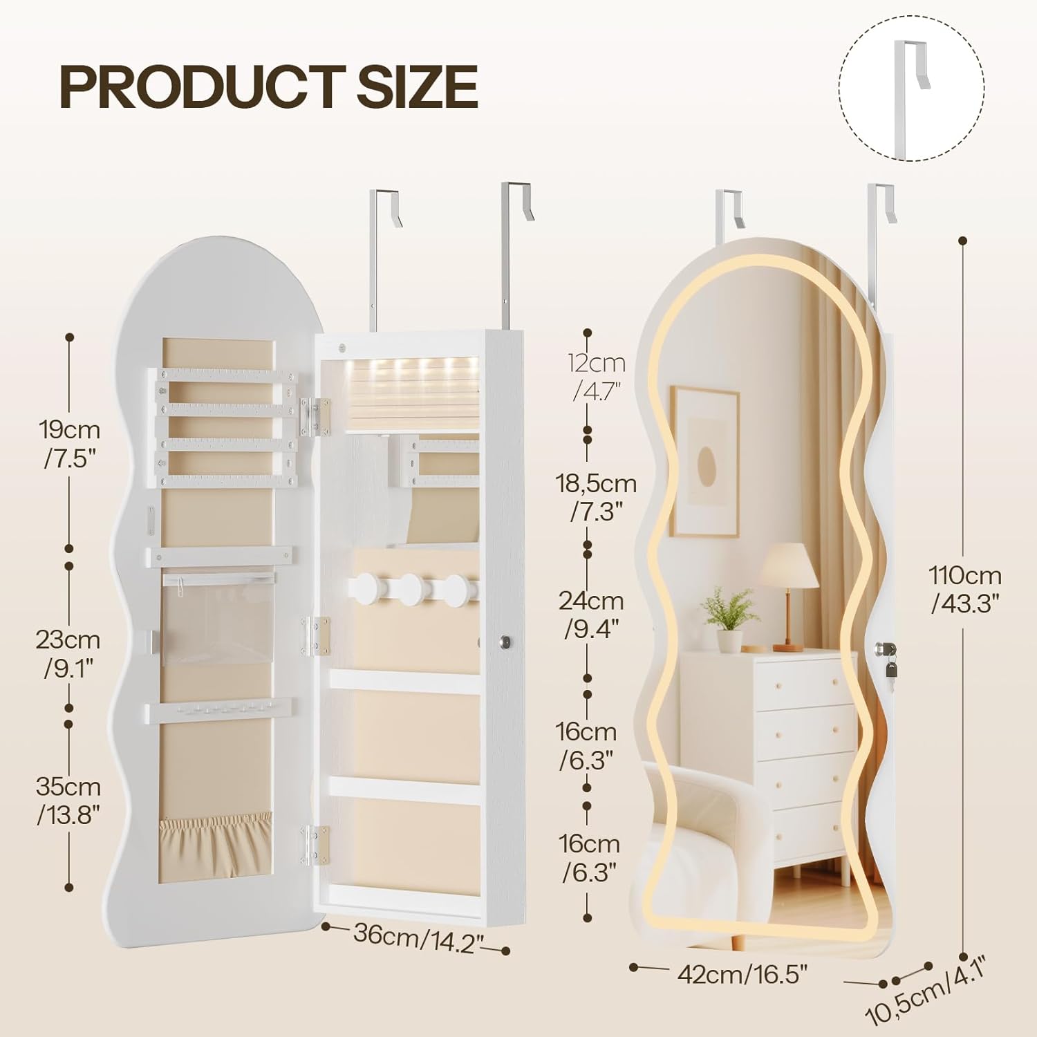 HOOBRO LED Mirror Jewelry Cabinet, Wall/Door Mounted Jewelry Organizer, Jewelry Aromire with Wavy Mirror Full Length, Lockable Cosmetics Storage Cabinet, Interior Mirror, 16.5" x 4.1" x 43.3", White