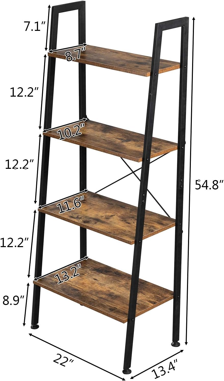 VINGLI Ladder Shelf 4-Tier Industrial Bookcase Free Standing Ladder Bookshelf with Metal Frame and Rustic Wood Plant Storage Shelf for Office, Living Room, Kitchen, Bedroom, Bathroom
