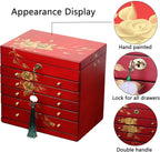 Hand-drawn rose wood jewelry box 6-Layer Jewelry Organizer for women,Large capacity jewelry storage box with lock in red color,store glasses,watches,necklaces,rings,earrings