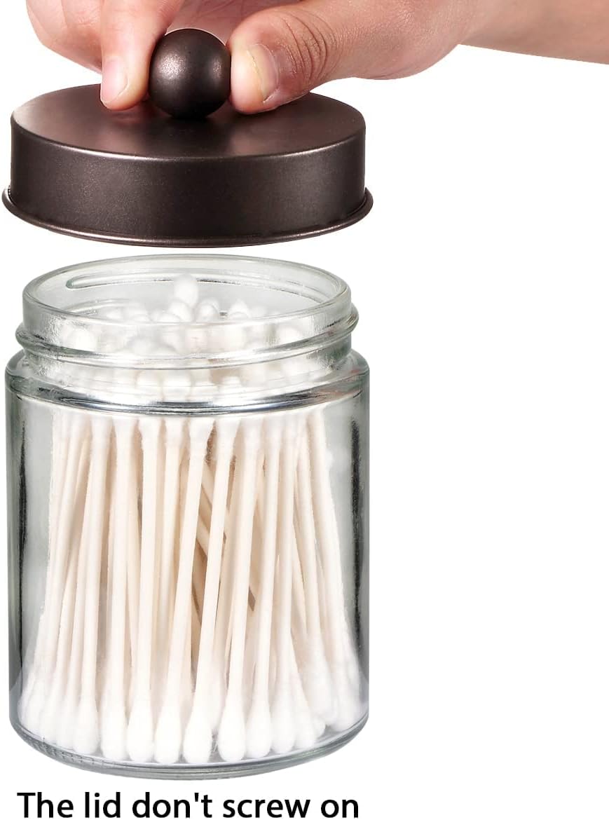 Amolliar Apothecary Jars Bathroom Storage Organizer - Cute Qtip Dispenser Holder Vanity Canister Jar Glass with Lid for Cotton Swabs,Rounds,Bath Salts,Makeup Sponges,Hair Accessories/Bronze (1 Pack)