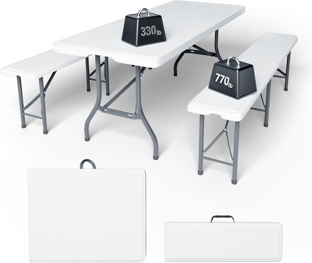 6FT Folding Table Set with 2 Folding Benches, Locking Safety Design, Heavy Duty HDPE Materials, 3-Piece Portable Folding Furniture for Camping, Picnic, Party, Indoor & Outdoor,White