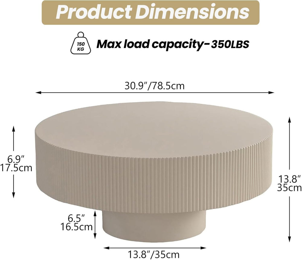 Round Drum Coffee Table with Sturdy Pedestal, Modern Wooden Fluted Coffee Tab...