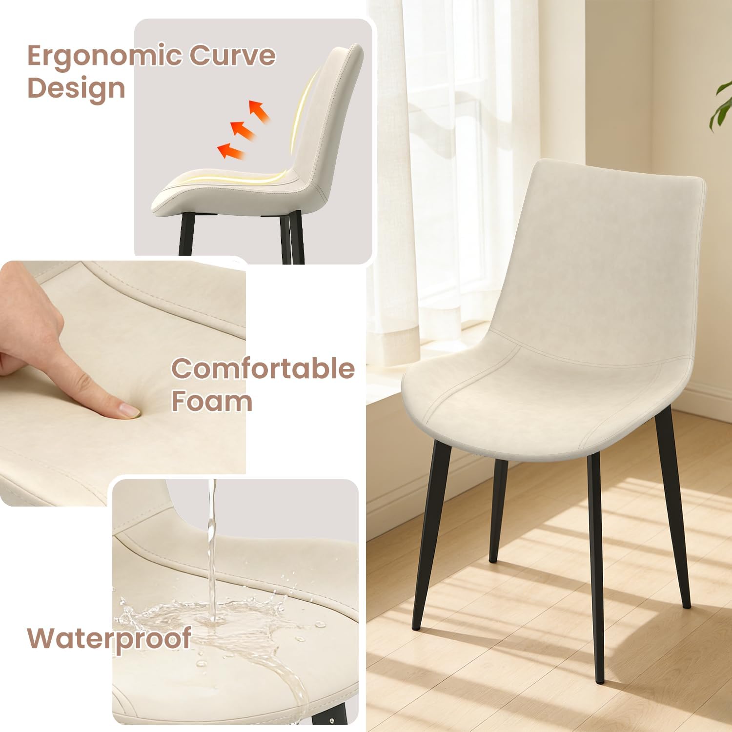 34.6" Round Dining Table Set for 4, Modern Kitchen Coffee Table Set, White | Space-saving MDF Top, 4 Beige Sleek PU Leather Chairs Set, Small Dining Set, Great for Dining Room, Office, Sturdy & Seamless