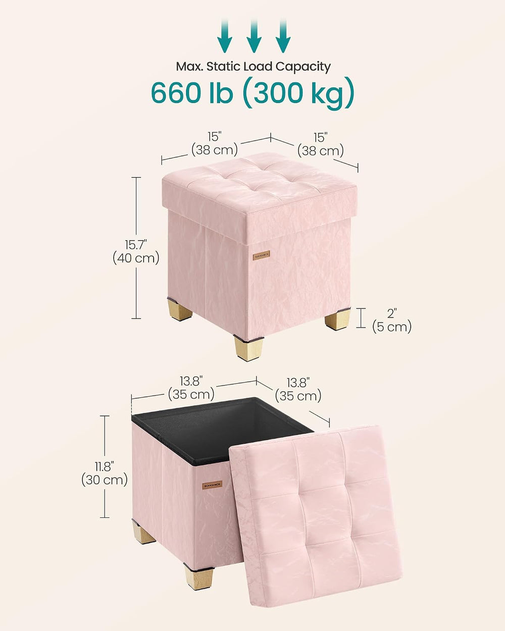 SONGMICS Storage Ottoman, Textured PU Leather Footstool with Legs, Footrest w...