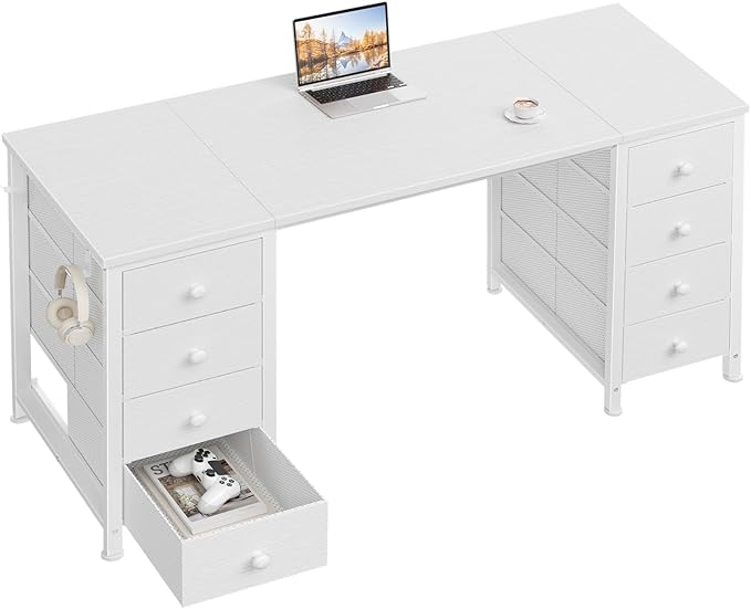 White Computer Desk with Drawers on Both Sides for Home Office, 55 inch Girls Teens Desks with Storage Writing Study Table for Bedroom, Makeup Vanity Desks Without Mirror,8 Fabric Drawer
