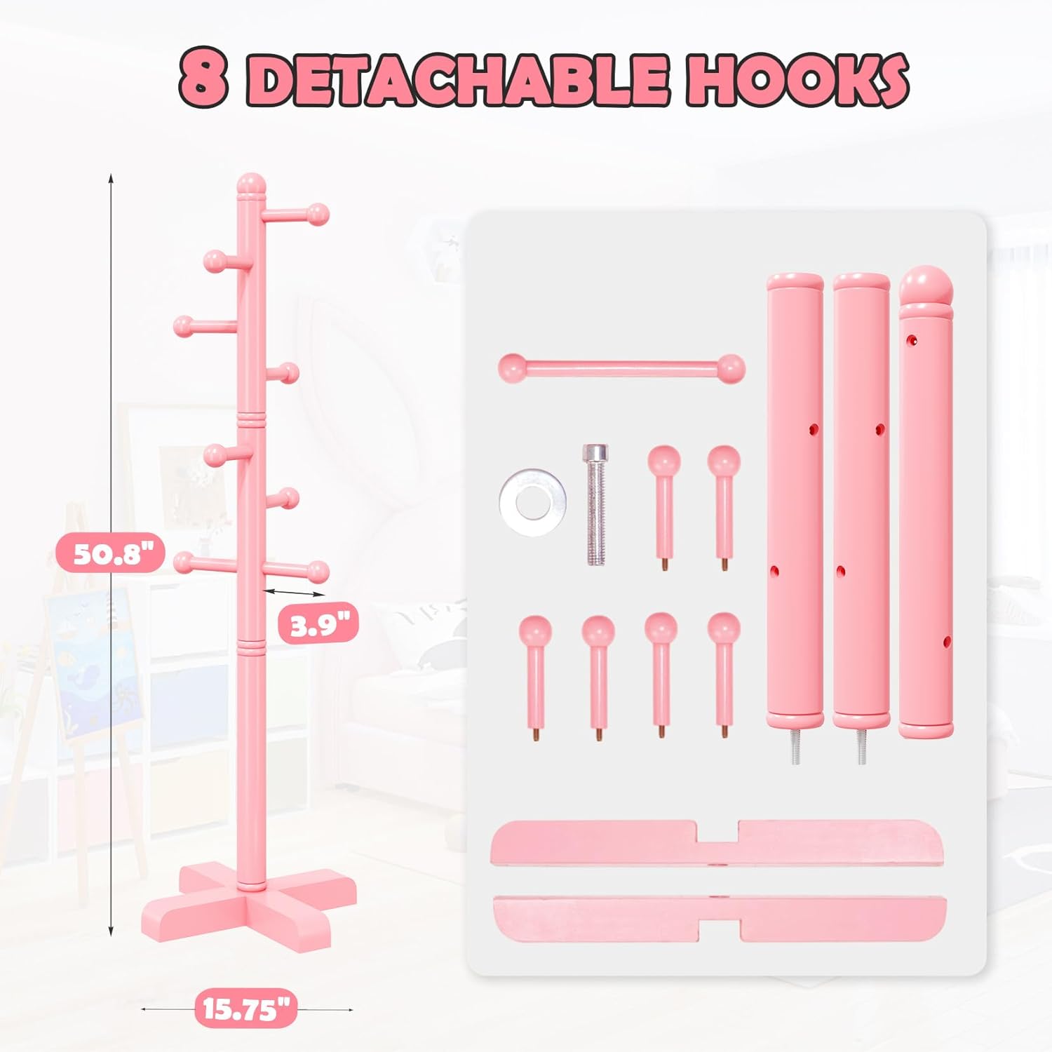 Coat Rack, Freestanding Coat Racks with 8 Hooks 2 Adjustable Height, Tree Coat Rack for Bedroom, Hallway, Entrance, Office, Hats, Handbags,Purse (Pink)