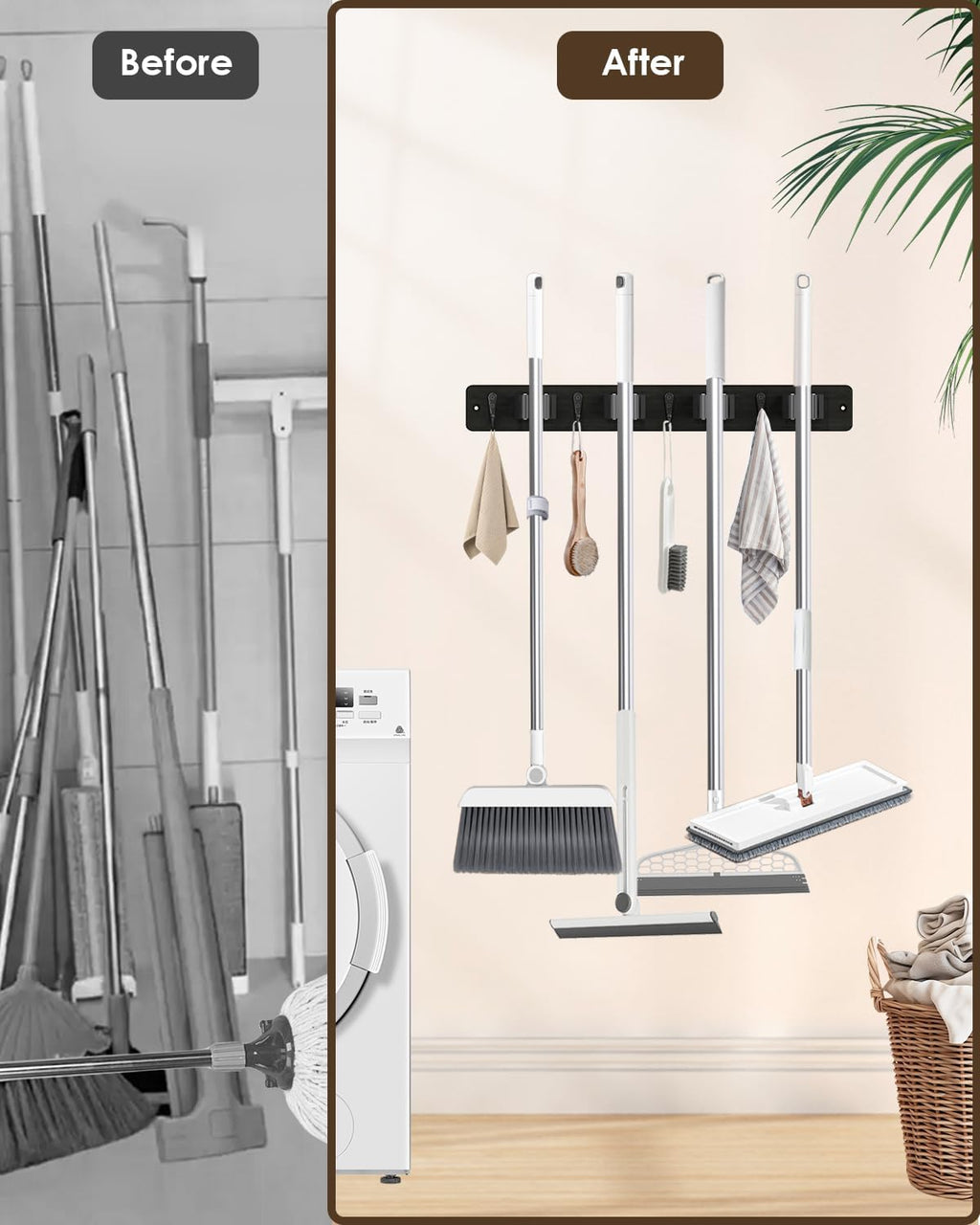AceMining Broom Holder Wall Mounted, Black 4 Holders and 4 Hooks Mop Holder, Wooden Mop and Broom Holder with Anti slip rubber, Natural pine wood Brush Holder, Mop Wall Holde with Nail installation