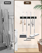 AceMining Broom Holder Wall Mounted, Black 4 Holders and 4 Hooks Mop Holder, Wooden Mop and Broom Holder with Anti slip rubber, Natural pine wood Brush Holder, Mop Wall Holde with Nail installation