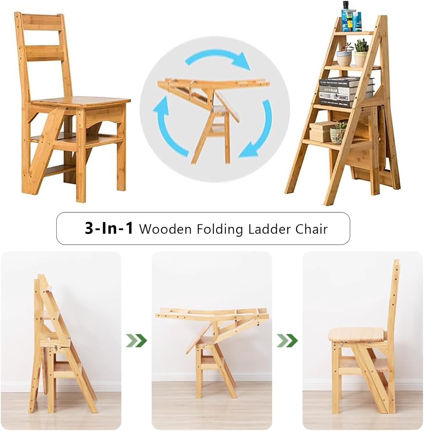 Solid Wood Folding Ladder Chair,2-in-1 Portable Wood Step Ladder,multi-functional Step Stool,folding Chair Display Storage Shelf For Home, Library, Kitchen(14.9"D x 13.7"W x 35.4"H, Light Walnut)