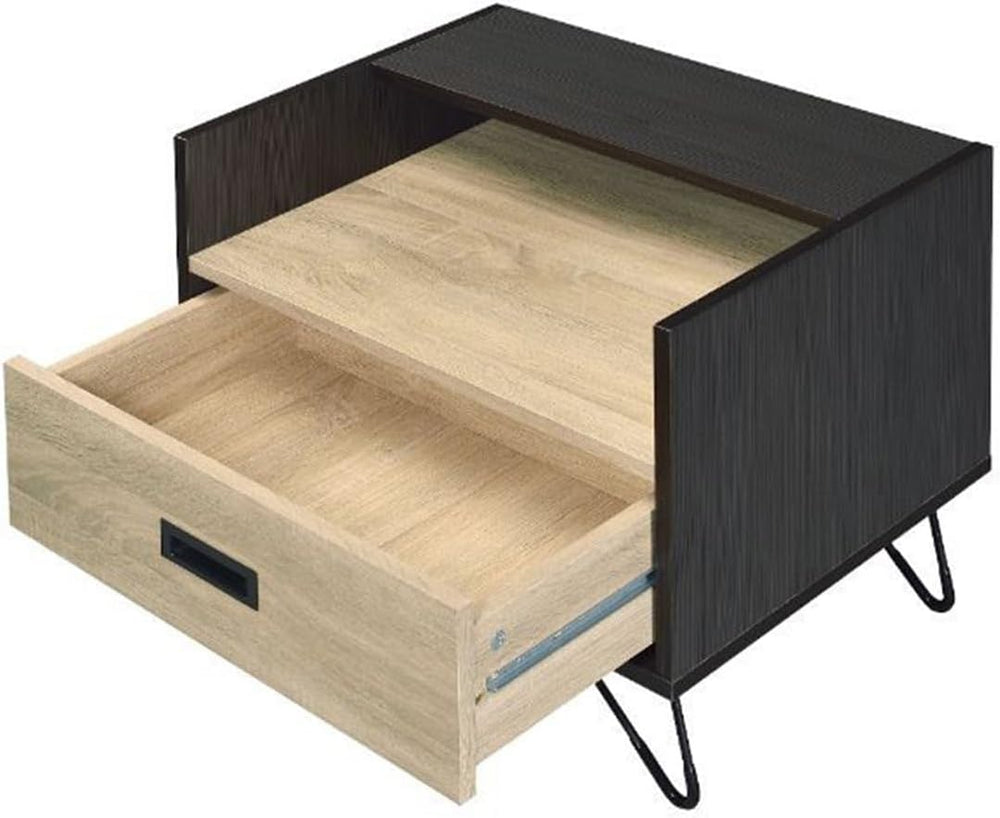 One Drawer Nightstand with Open Compartment, Oak and Black,for Small Spaces