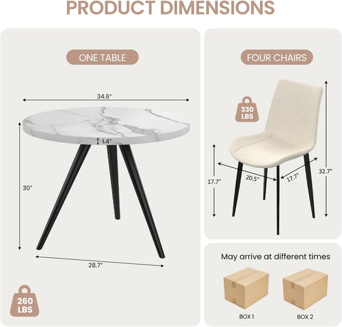 34.6" Round Dining Table Set for 4, Modern Kitchen Coffee Table Set with 4 Upholstered Leather Chairs, MDF Small Space Saving Dining Room Table and Chairs Set (White Table+4 Beige Chairs)