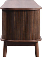 Mid Century Modern TV Stand for TVs up to 75”, Fluted Entertainment Center, Media Console with Tambour Sliding Doors and Rattan-Style Drawers, Walnut Finish Media Console for Living Room