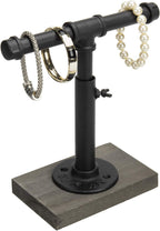 MyGift Adjustable Height Industrial Pipe Organizer Stand - Rustic T-Bar for Jewelry, Headphones, Medals, Kitchen Utensils & Display, Gray Wood Base (Black/Gray, Country Style)