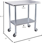 ROCKPOINT Stainless Steel Table for Prep & Work with Caster Wheels 24x36 Inches, NSF Metal Commercial Kitchen Heavy Duty Table with Adjustable Under Shelf and Table Foot for Restaurant, Home and Hotel