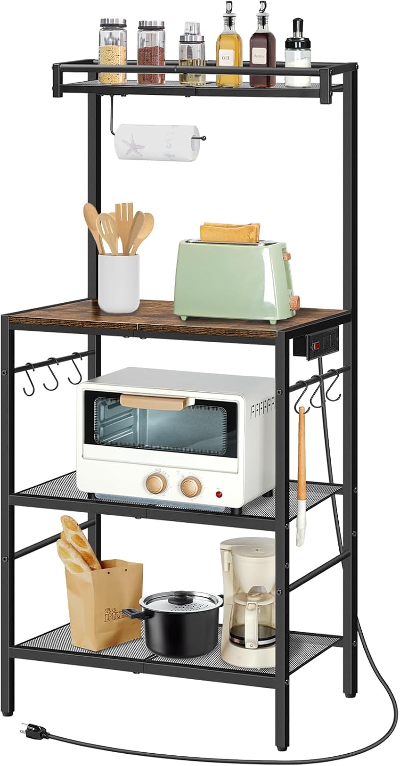 MAHANCRIS Bakers Rack with Storage, Microwave Stand with Paper Holder, Bakers Rack with Power Outlet, Coffee Bar Station with 6 Hooks, for Kitchen, Dining Room, Rustic Brown and Black BRHR36E01