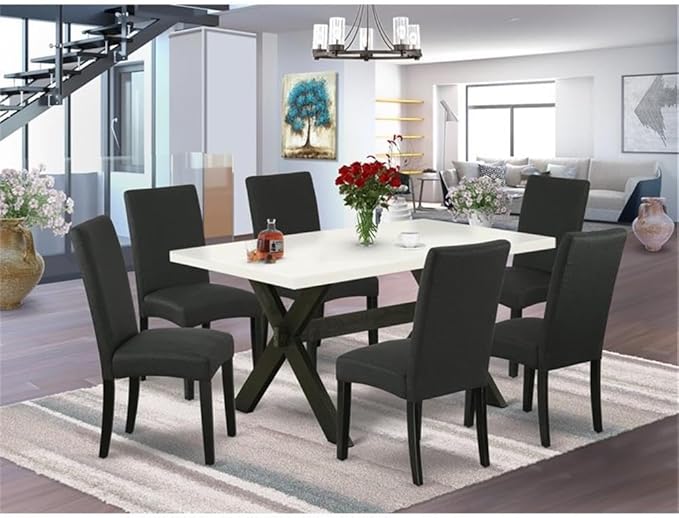 East West Furniture X626DR124-7 7 Piece Kitchen Table Set Consist of a Rectangle Dining Table with X-Legs and 6 Black Color Linen Fabric Parson Dining Chairs, 36x60 Inch, Multi-Color