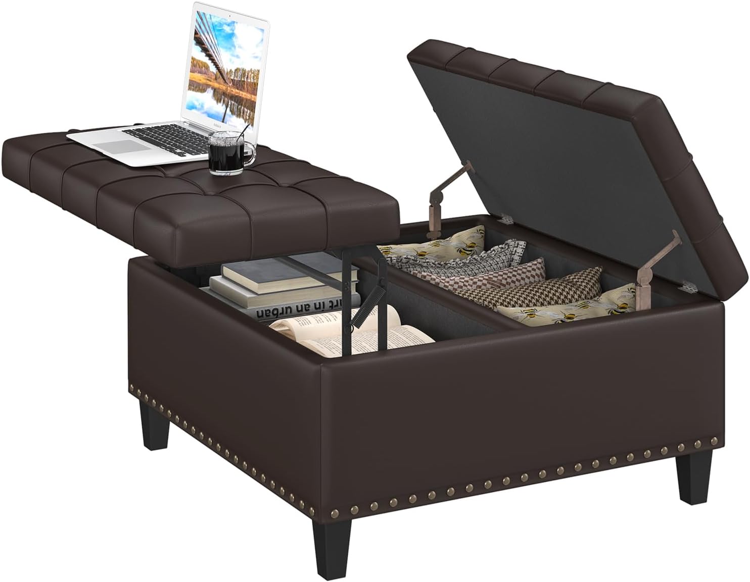 FiveWillowise 31.5 Inch Large Square Ottoman with Storage,Faux Leather | Coffee Table Storage Ottoman Bench with Lift Top Upholstered Footrest Stool Toy Box for Bedroom Living Room,Chocolate