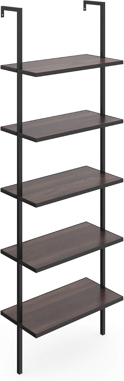 Nathan James Theo 5-Shelf Wood Modern Bookcase, Open Wall Mount Ladder Bookshelf with Industrial Metal Frame, Walnut Brown/Black, Set of 2