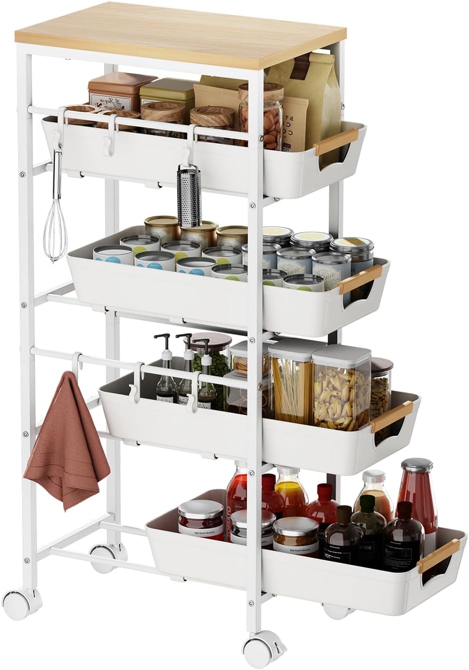 5-Tier Slim Storage Cart, Wooden Top Rolling Kitchen Cart with Pull-Out Baske...