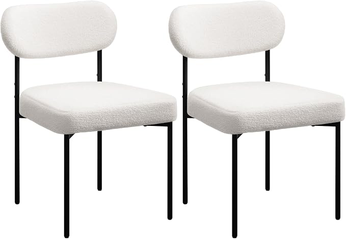 HOMMPA Dining Chairs Set of 2 Boucle Upholstered Kitchen Chairs with Curved Backrest Modern Dinner Chair with Metal Legs for Dining Room Living Room Vanity White