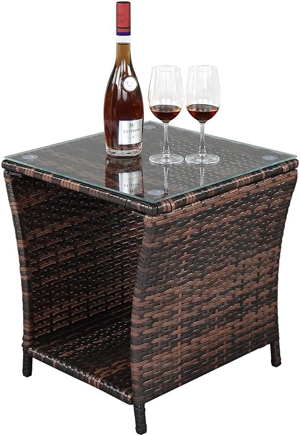 VINGLI Outdoor Wicker Side Table Patio Side Tables for Outside, Tempered Glas...