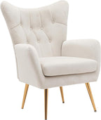 Container Furniture Direct Modern Chic Mid-Century Velvet Accent Armchair for Living Room, Bedroom, or Home Office, Button-Tufted Wingback Design with Gold Flared Legs, Ivory