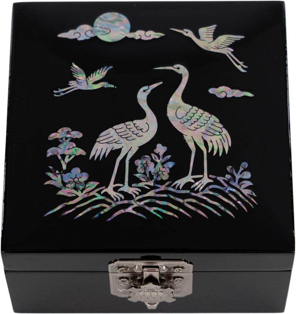 Mother of Pearl Mini Jewelry Box - Organizer for Earring Necklace Ring & Bracelet Jewelry Display Storage Case for Woman Unique Gifts (Crane_Black)