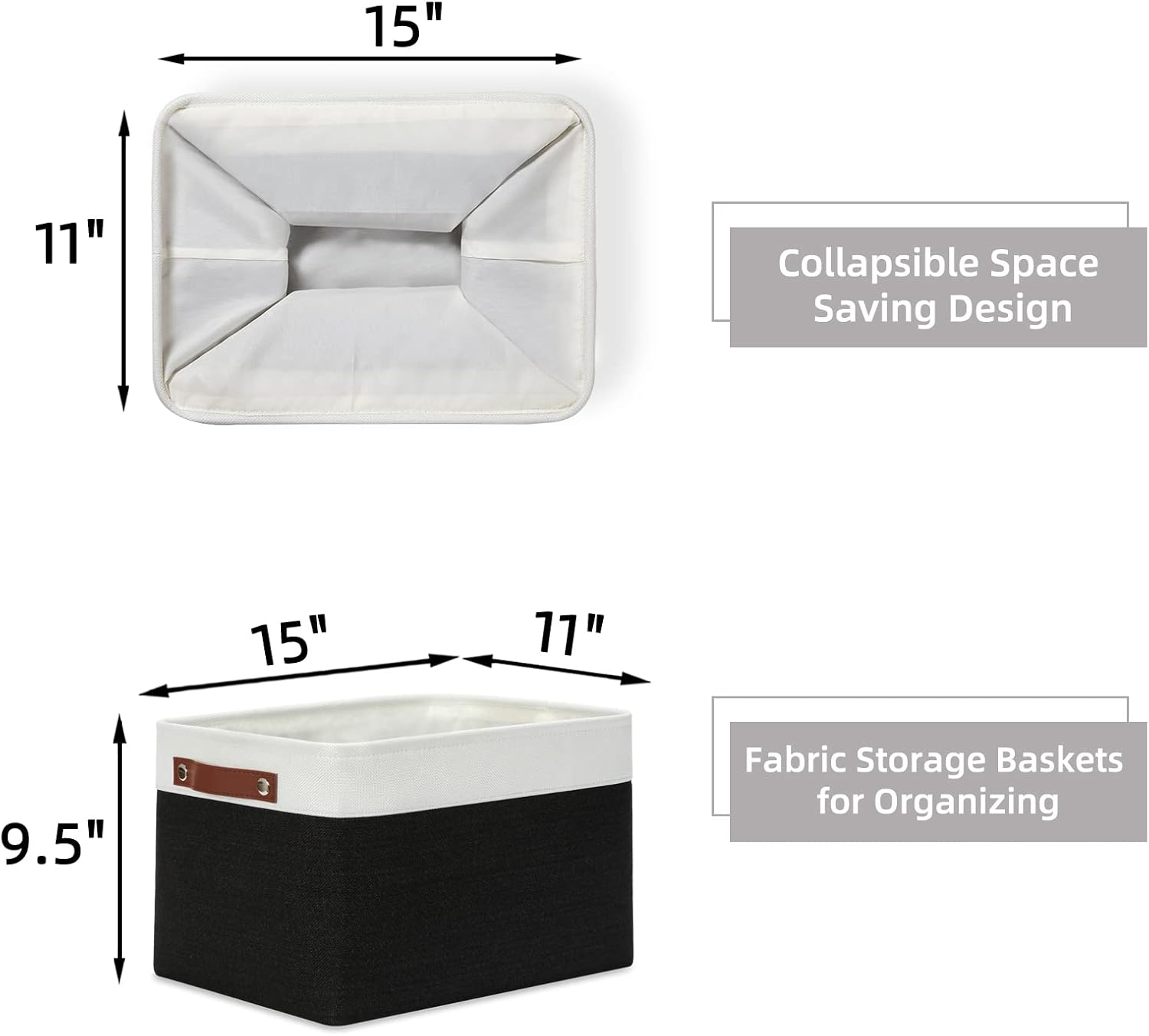 HNZIGE Large Storage Baskets (3 Pack) - Fabric Bins with Leather Handles, Foldable for Organizing Clothes, Toys (Black & White, 15" x 11" x 9.5")