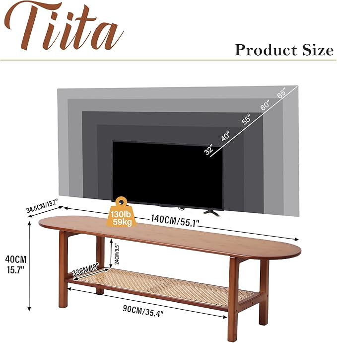 Tiita Bamboo TV Stand with Storage for TV up to 65 inch, Bamboo Rattan TV Con...