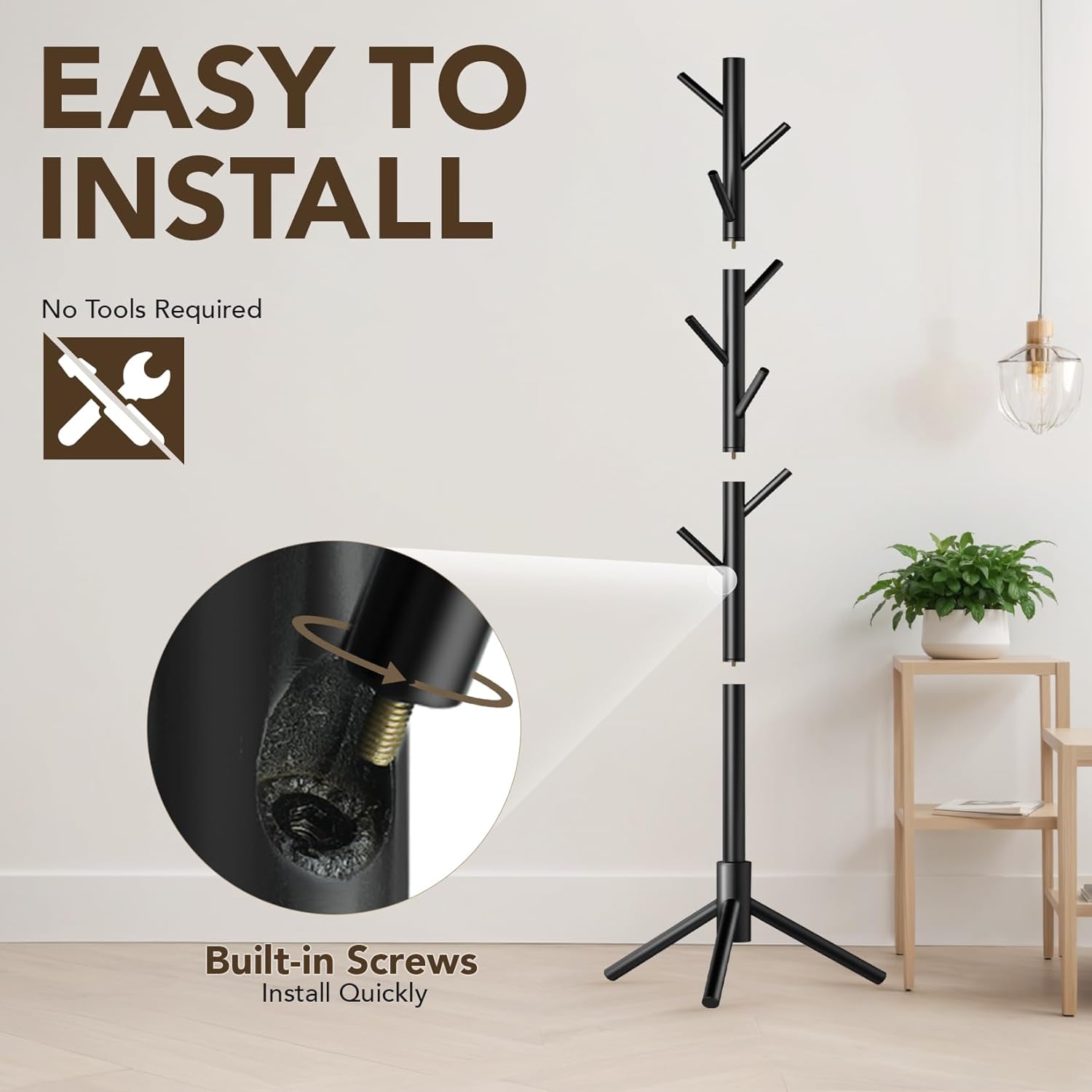 Hupmad Wooden Tree Coat Rack Stand,Sturdy Freestanding Coat Rack with 8 Hooks,3 Adjustable Height for Child Adult,Wood Coat Stand Tree Fits Entryway Bedroom Office for Bags,Hats