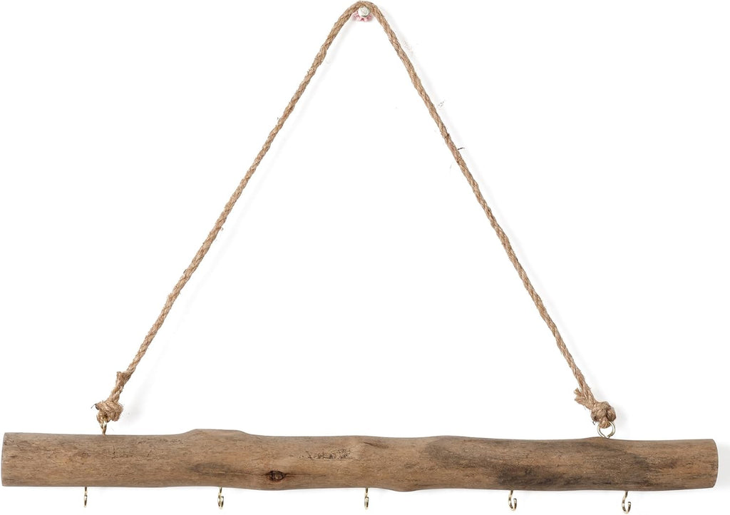 15-Inch Driftwood Wall Hanging Jewelry Hanger - Rustic Wood Logs Hanging Branch Decor with 5 Hooks, Handcrafted from Natural Drift Wood Pieces for Crafts (Rustic)