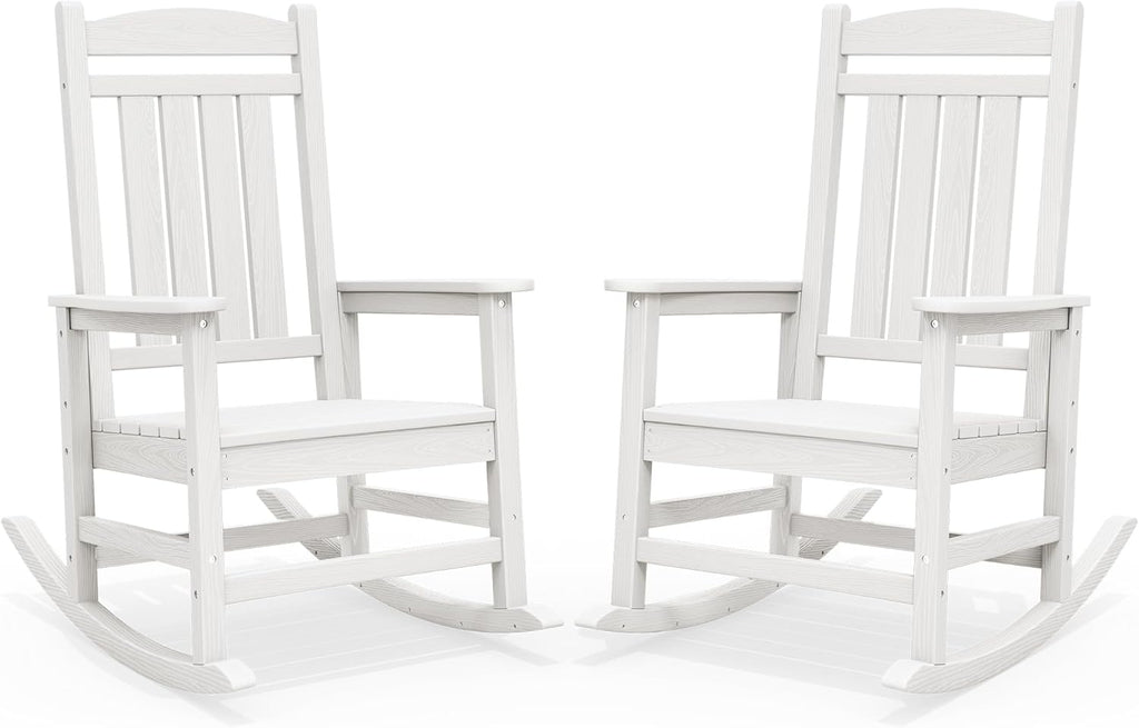 SERWALL Oversized Outdoor Rocking Chairs Set of 2, Oversized HDPE Porch Rockers for Adults, All-Weather Composite Patio Rocking Chairs, White