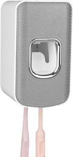 2 Slot Plastic Toothbrush Holder and Toothpaste Dispenser Wall Mounted, Automatic Toothpaste Squeezer, 2 in 1 Tooth Brush Toothpaste Organizer for Shower (Grey)