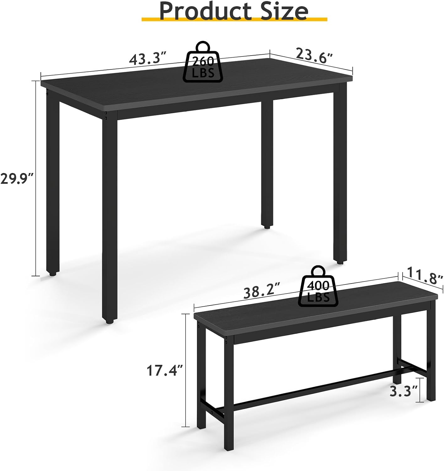 Rovibek Dining Table Set for 4 with 2 Benches – Space-Saving Kitchen Table Set for Kitchen & Dining Room, Black