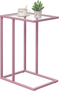 C Shaped End Table, Side End Tables for Living Room,Glass Sofa Couch Table with Metal Frame, Small Tv Tray Snack Dinner Table for Bedroom, Small Spaces, Easy Assembly (Pink)