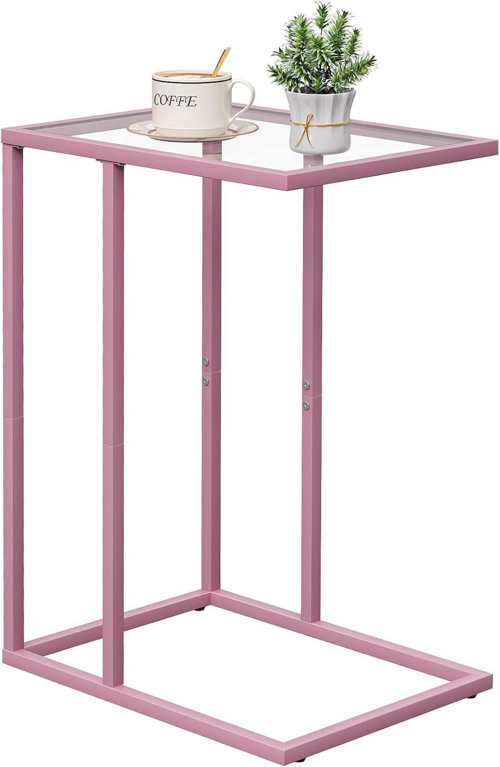 C Shaped End Table, Side End Tables for Living Room,Glass Sofa Couch Table with Metal Frame, Small Tv Tray Snack Dinner Table for Bedroom, Small Spaces, Easy Assembly (Pink)