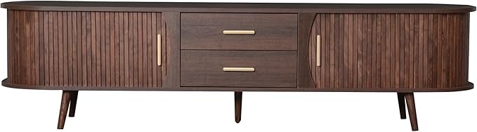 Ball & Cast Mid-Century Modern TV Stand for 80", Media Console with Sliding Doors, 2 Drawers & Solid Wood Legs, Waterproof Wood Grain Entertainment Center w/Storage for Living Room/Bedroom,Dark Brown