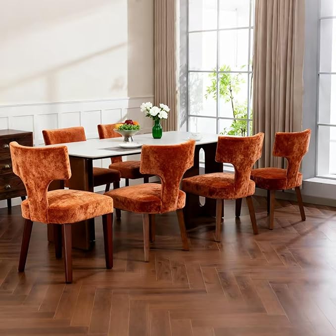Soft Padded Dining Chairs Set of 4, Modern Farmhouse Upholstered Chairs with Linen Fabric & Rubber Wood Legs, Ergonomic Armless Seats for Dining Room Kitchen Living Room (Orange)