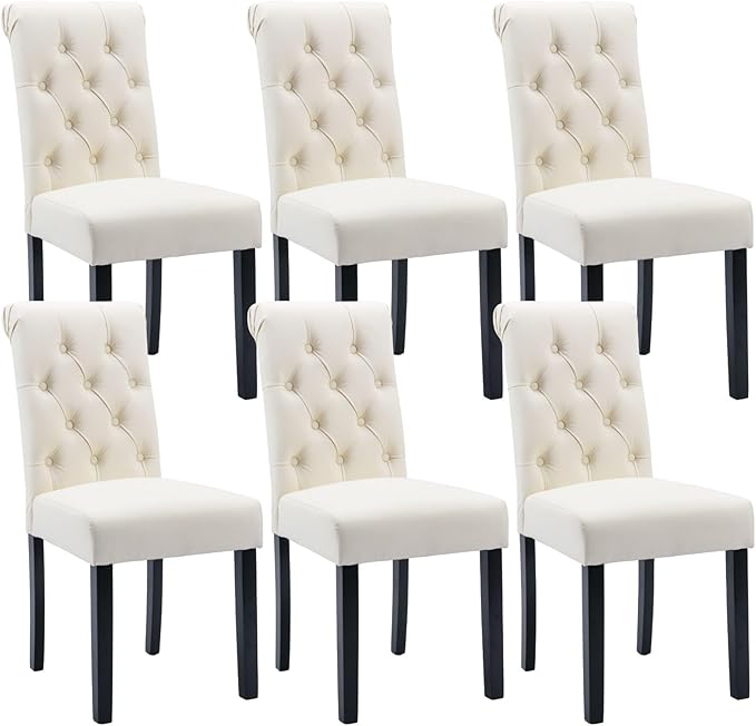 Faux Leather Dining Chairs Set of 6 Upholstered Dining Room Chairs Modern Tufted Accent Chairs Wooden Parsons Side Chairs for Home Kitchen Resturant, Cream