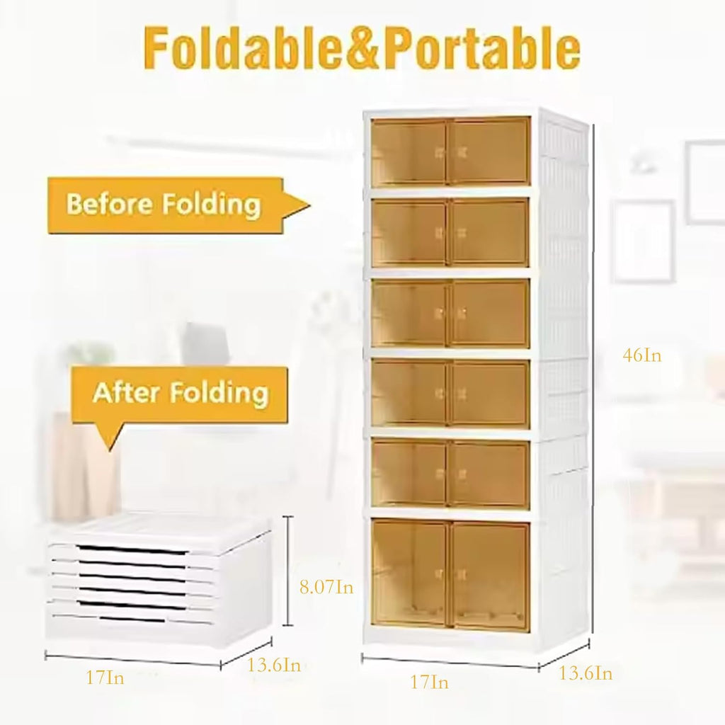 6 Tier Easy Assembly Collapsible Shoe Cabinet Foldable Shoe Organizer Stackable Shoe Storage Box with Clear Door for Front Door Entrance 12Pairs