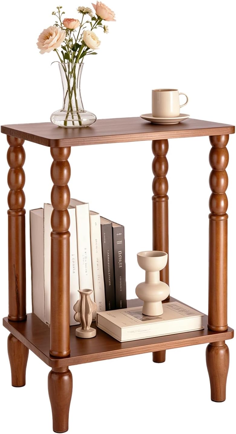 Solid Wood End Table with Storage Shelf, 2-Tier Small Side Table with Vintage...