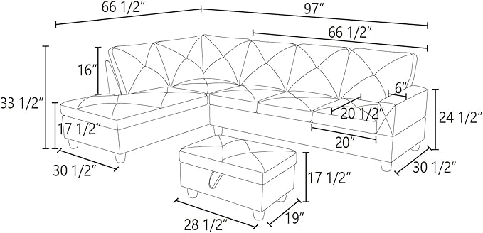 L-Shaped Sectional Sofa with Ottoman, Color Blocking Flannel Leather Right-Facing Modern Couch for Living Room, Bedroom, Office, Black Stripe