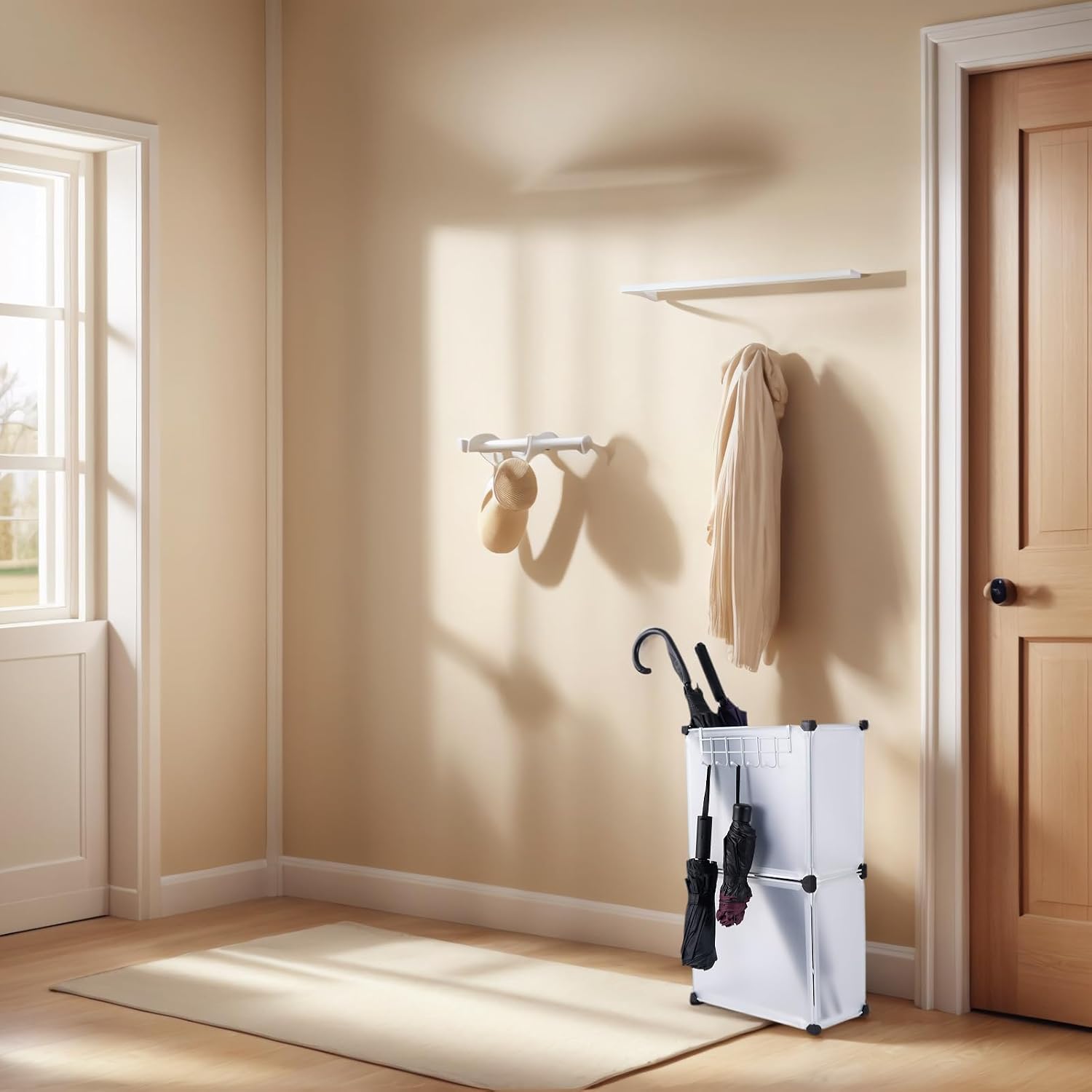 Umbrella Stand, Umbrella Holder for Entryway, 14.3 * 7.4 * 24.4inches,Square umbrella storage rack with built-in drip tray and metal hook,White.