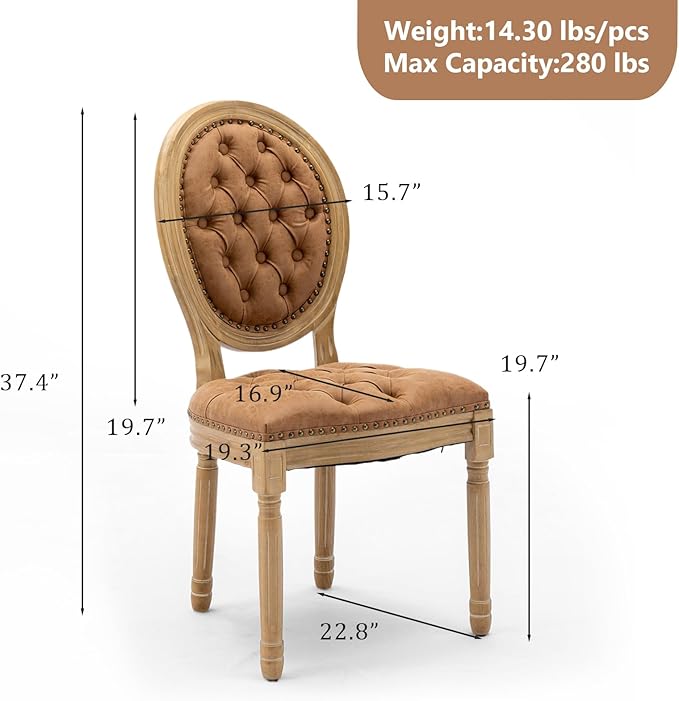 PU Leather Upholstered Dining Chairs Set of 2 French Country Round Back Kitchen Side Chairs with Nailhead Trim and Wood Legs for Dining Room, Kitchen, Restaurant(Orange)
