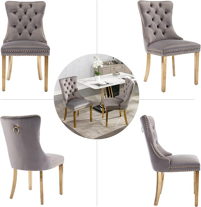 Gray Velvet Dining Chairs Set of 4, Upholstered Dining Room Chairs with Back ...