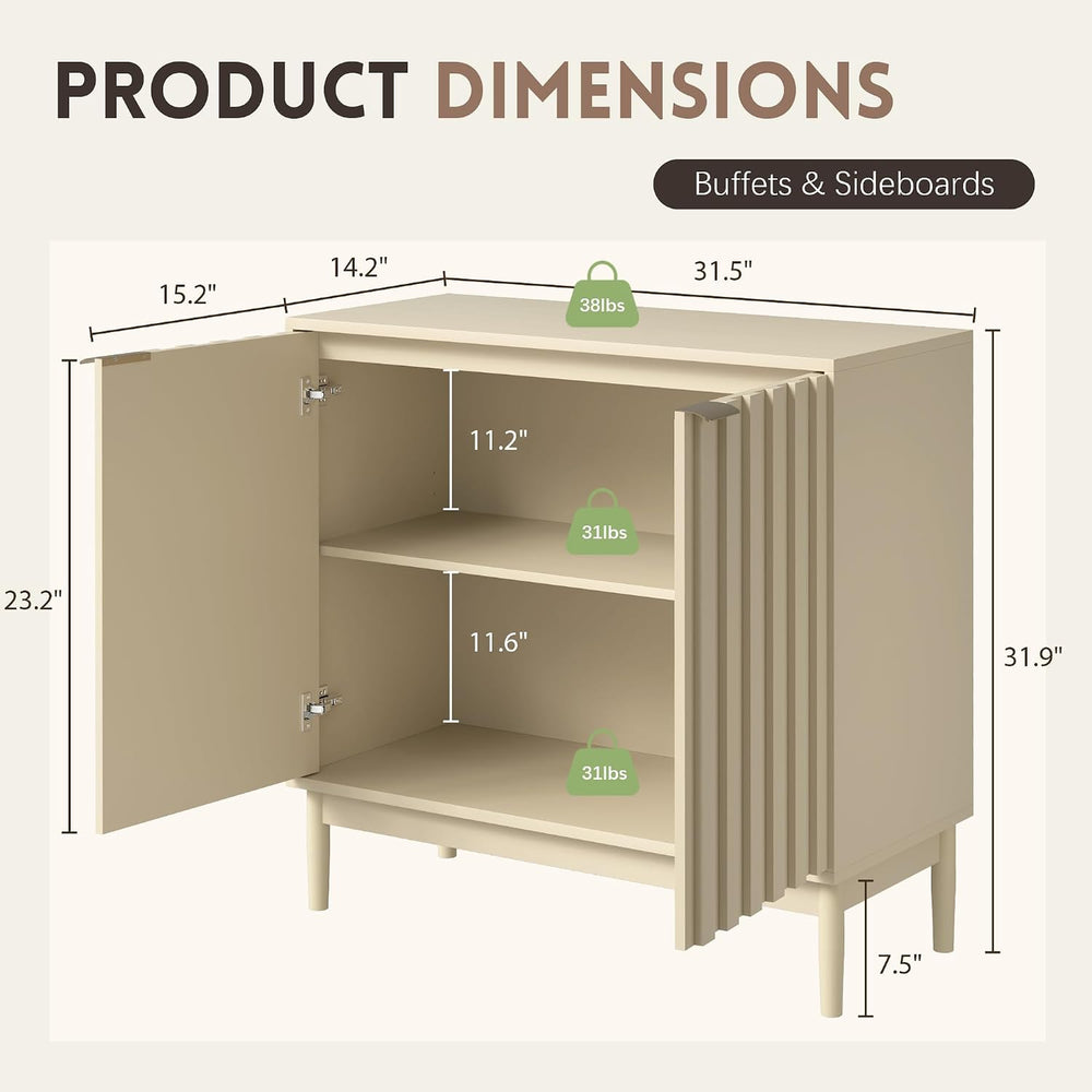Fluted Buffet Cabinet with Storage, Small Accent Cabinets, Beige
